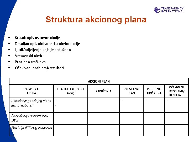 Struktura akcionog plana • • • Kratak opis osnovne akcije Detaljan opis aktivnosti u