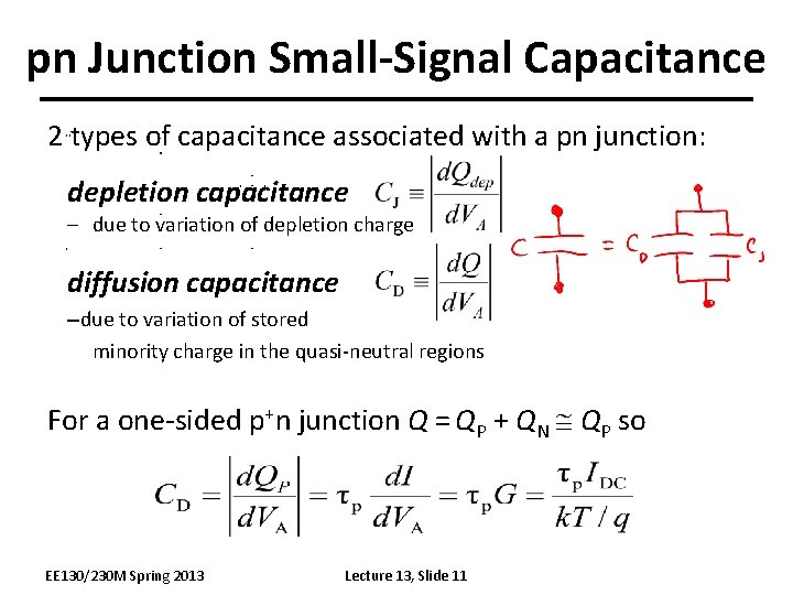 pn Junction Small-Signal Capacitance 2 types of capacitance associated with a pn junction: depletion pn Junction Small-Signal Capacitance 2 types of capacitance associated with a pn junction: depletion