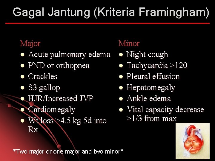 Gagal Jantung (Kriteria Framingham) Major Minor l Acute pulmonary edema l Night cough l