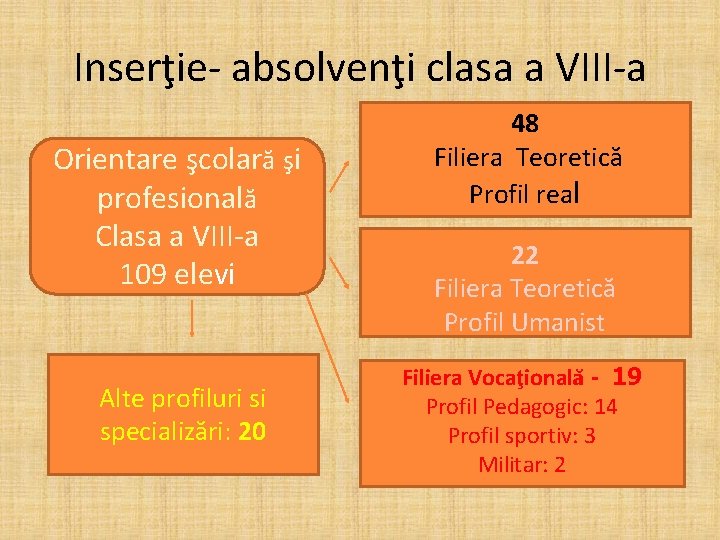 Inserţie- absolvenţi clasa a VIII-a Orientare şcolară şi profesională Clasa a VIII-a 109 elevi