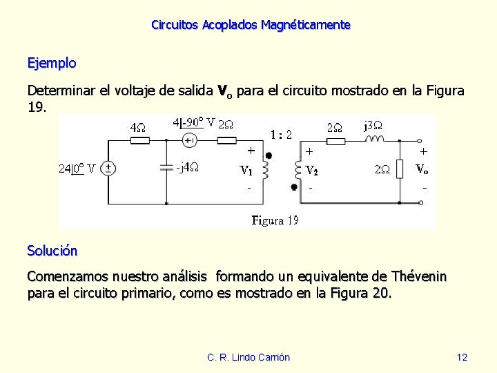 Circuitos Acoplados Magnéticamente Ejemplo Determinar el voltaje de salida Vo para el circuito mostrado