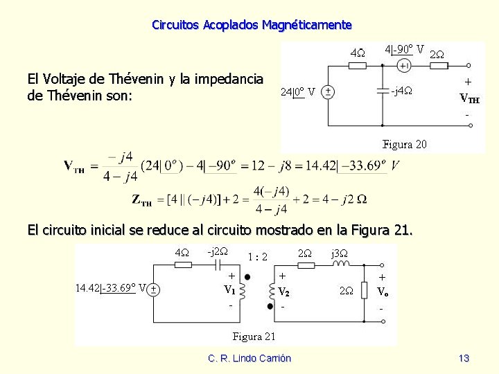 Circuitos Acoplados Magnéticamente El Voltaje de Thévenin y la impedancia de Thévenin son: El