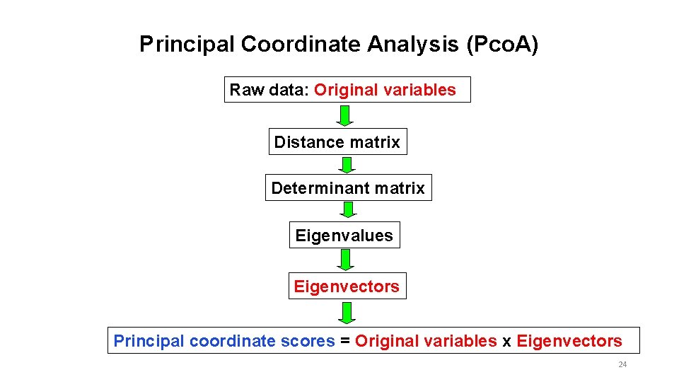 Principal Coordinate Analysis (Pco. A) Raw data: Original variables Distance matrix Determinant matrix Eigenvalues Principal Coordinate Analysis (Pco. A) Raw data: Original variables Distance matrix Determinant matrix Eigenvalues