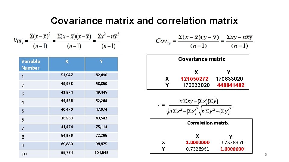 Covariance matrix and correlation matrix Variable Number X Y 1 53, 047 62, 490 Covariance matrix and correlation matrix Variable Number X Y 1 53, 047 62, 490