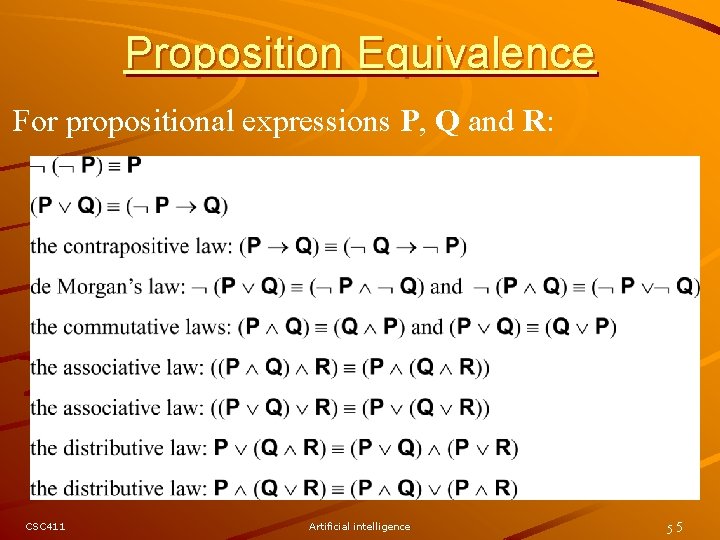 Proposition Equivalence For propositional expressions P, Q and R: CSC 411 Artificial intelligence 55 Proposition Equivalence For propositional expressions P, Q and R: CSC 411 Artificial intelligence 55