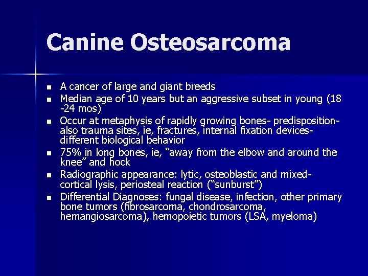 Canine Osteosarcoma n n n A cancer of large and giant breeds Median age