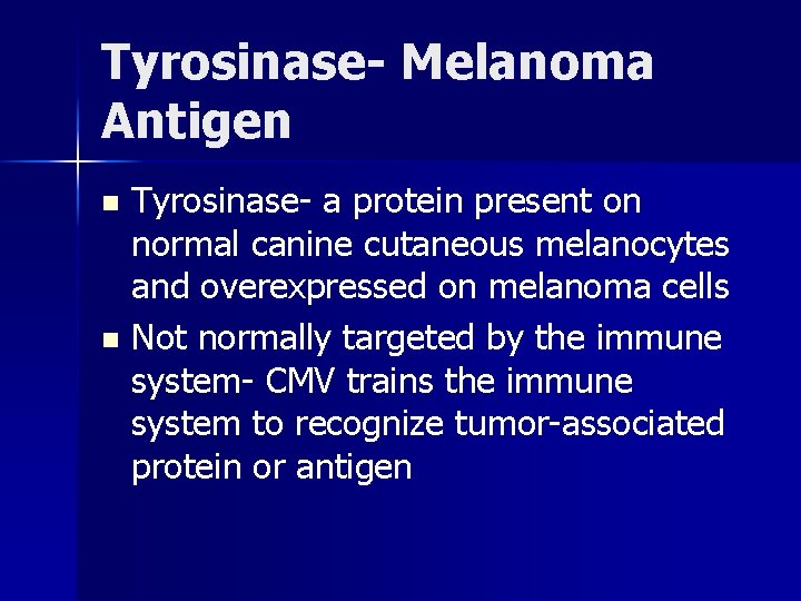 Tyrosinase- Melanoma Antigen Tyrosinase- a protein present on normal canine cutaneous melanocytes and overexpressed