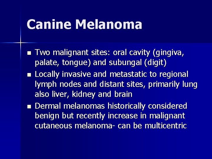 Canine Melanoma n n n Two malignant sites: oral cavity (gingiva, palate, tongue) and