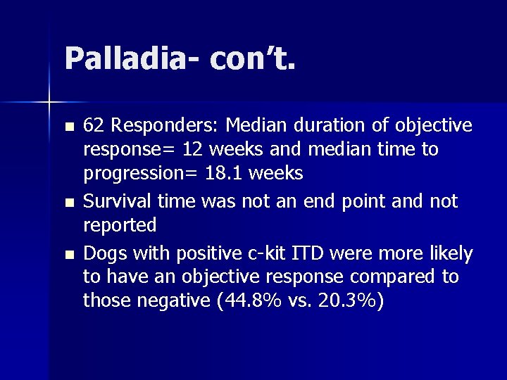 Palladia- con’t. n n n 62 Responders: Median duration of objective response= 12 weeks