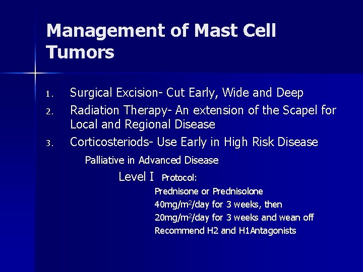 Management of Mast Cell Tumors 1. 2. 3. Surgical Excision- Cut Early, Wide and