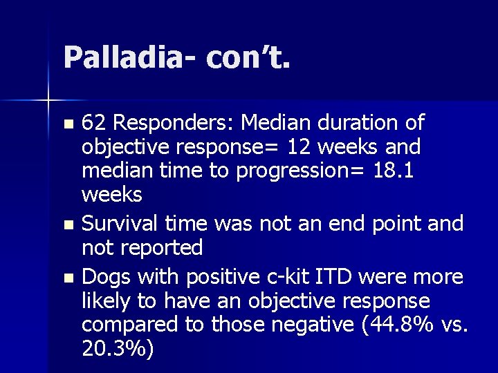 Palladia- con’t. 62 Responders: Median duration of objective response= 12 weeks and median time