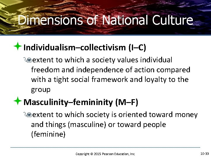 Dimensions of National Culture ªIndividualism–collectivism (I–C) 9 extent to which a society values individual