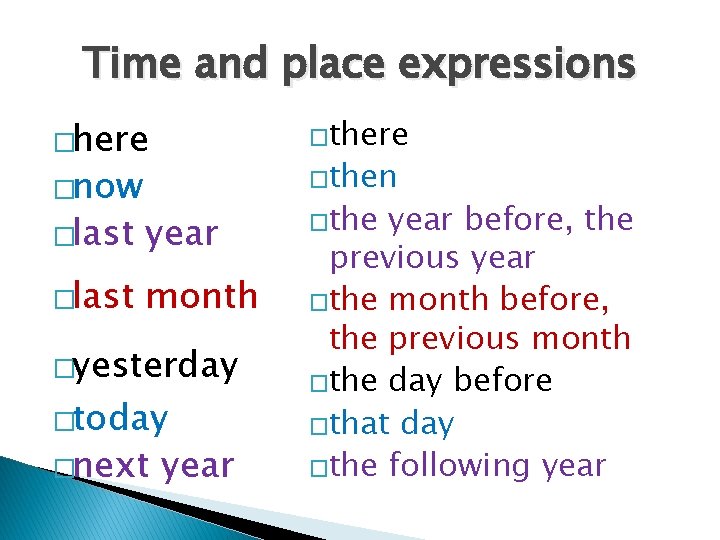 Time and place expressions �there �now �then �last year �last month �yesterday �today �next