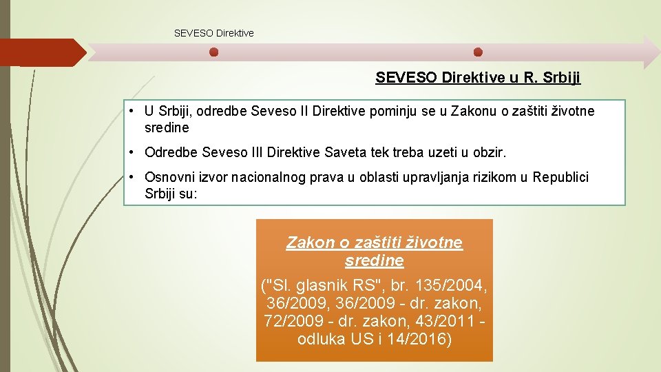 SEVESO Direktive u R. Srbiji • U Srbiji, odredbe Seveso II Direktive pominju se