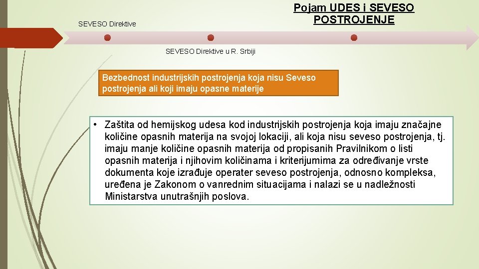 Pojam UDES i SEVESO POSTROJENJE SEVESO Direktive u R. Srbiji Bezbednost industrijskih postrojenja koja