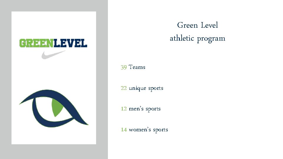 Green Level athletic program 39 Teams 22 unique sports 12 men’s sports 14 women’s