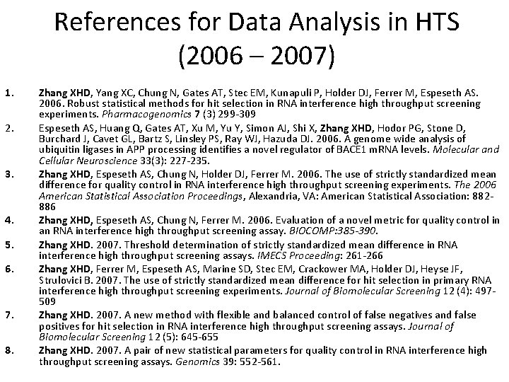 References for Data Analysis in HTS (2006 – 2007) 1. 2. 3. 4. 5. References for Data Analysis in HTS (2006 – 2007) 1. 2. 3. 4. 5.
