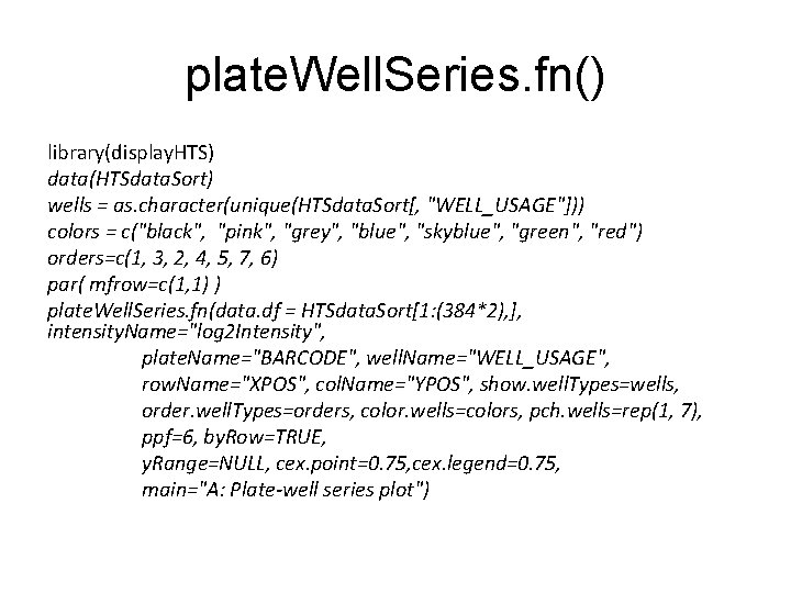 plate. Well. Series. fn() library(display. HTS) data(HTSdata. Sort) wells = as. character(unique(HTSdata. Sort[, "WELL_USAGE"]))