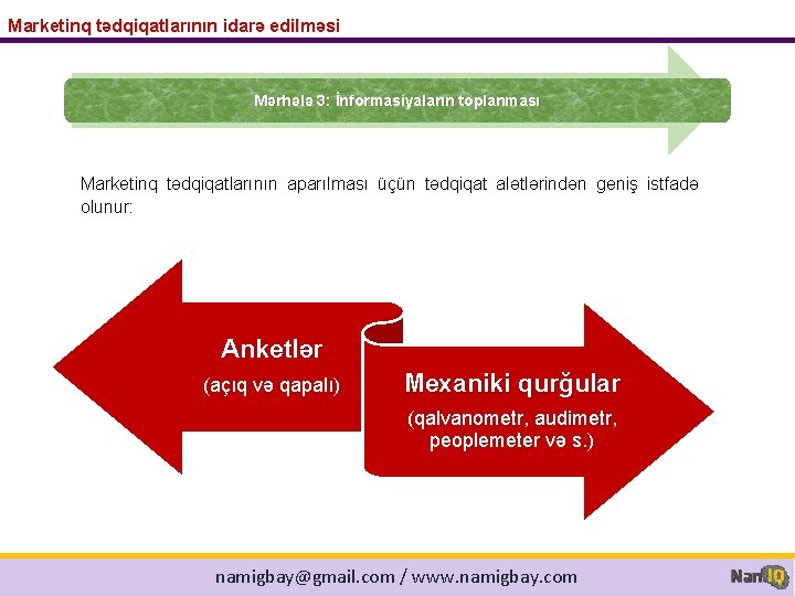 Marketinq tədqiqatlarının idarə edilməsi Mərhələ 3: İnformasiyaların toplanması Marketinq tədqiqatlarının aparılması üçün tədqiqat alətlərindən