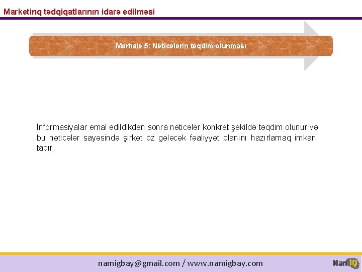 Marketinq tədqiqatlarının idarə edilməsi Mərhələ 5: Nəticələrin təqdim olunması İnformasiyalar emal edildikdən sonra nəticələr