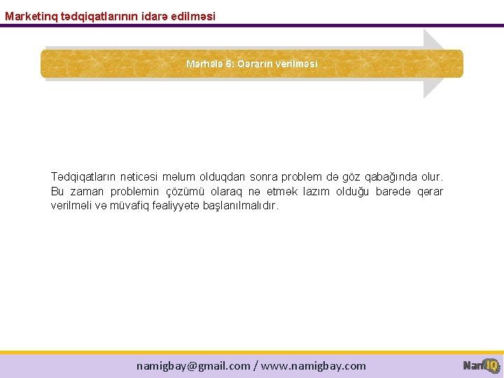 Marketinq tədqiqatlarının idarə edilməsi Mərhələ 6: Qərarın verilməsi Tədqiqatların nəticəsi məlum olduqdan sonra problem