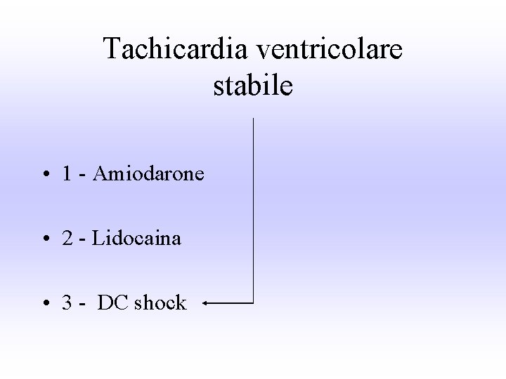 Tachicardia ventricolare stabile • 1 - Amiodarone • 2 - Lidocaina • 3 -