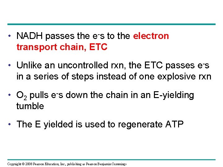  • NADH passes the e-s to the electron transport chain, ETC • Unlike
