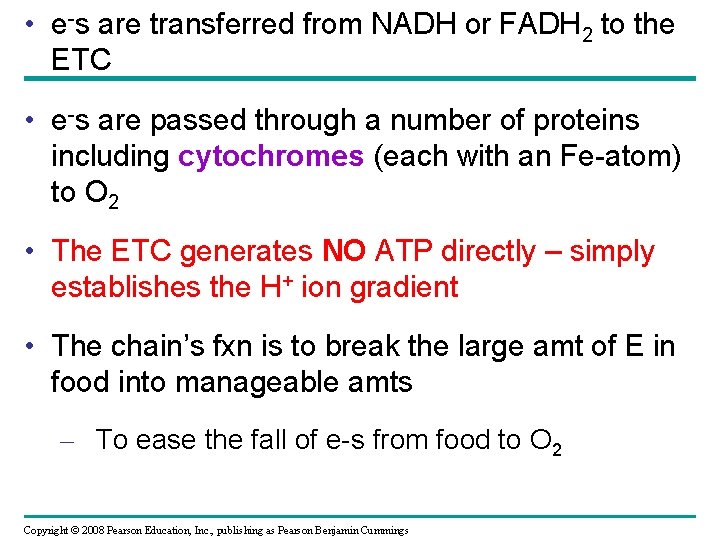  • e-s are transferred from NADH or FADH 2 to the ETC •