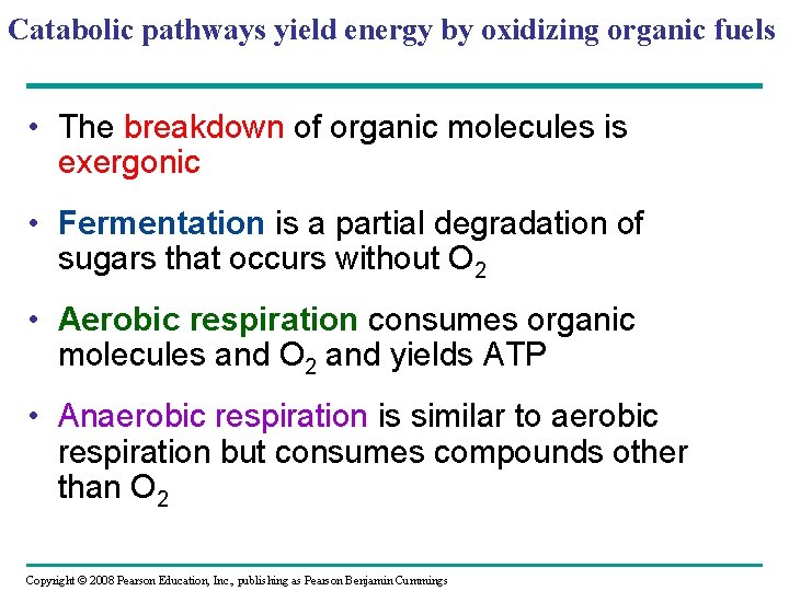 Catabolic pathways yield energy by oxidizing organic fuels • The breakdown of organic molecules