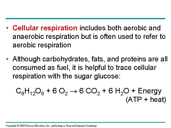  • Cellular respiration includes both aerobic and anaerobic respiration but is often used