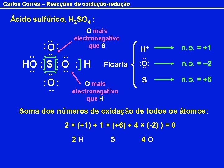 Carlos Corrêa – Reacções de oxidação-redução Ácido sulfúrico, H 2 SO 4 : O