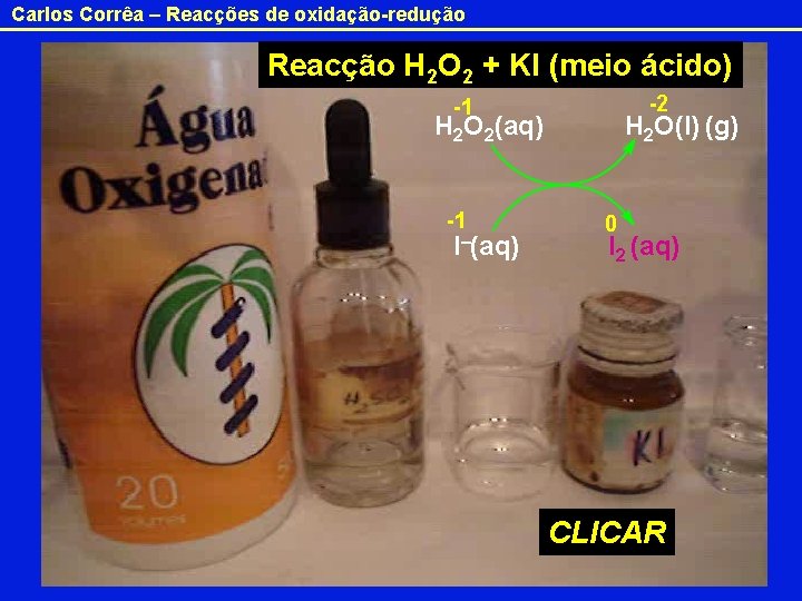 Carlos Corrêa – Reacções de oxidação-redução Reacção H 2 O 2 + KI (meio