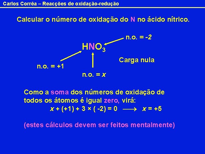 Carlos Corrêa – Reacções de oxidação-redução Calcular o número de oxidação do N no