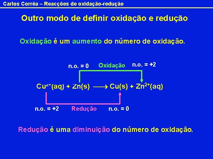 Carlos Corrêa – Reacções de oxidação-redução Outro modo de definir oxidação e redução Oxidação