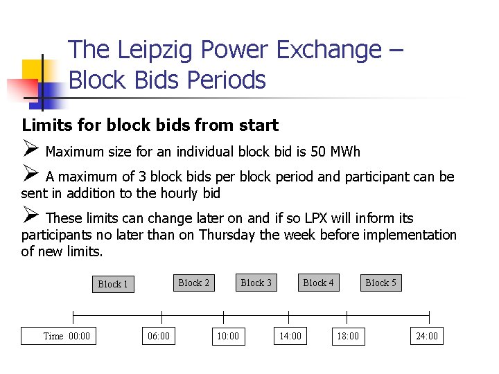 The Leipzig Power Exchange – Block Bids Periods Limits for block bids from start The Leipzig Power Exchange – Block Bids Periods Limits for block bids from start