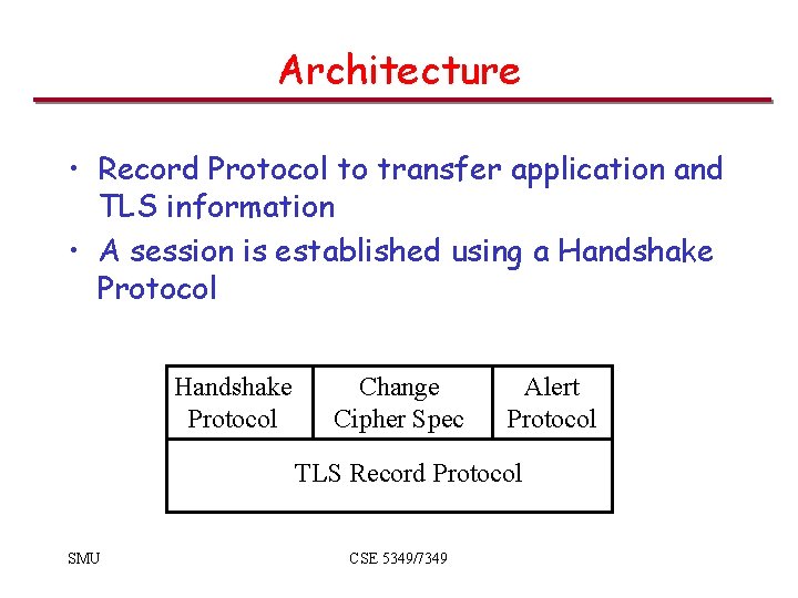 Architecture • Record Protocol to transfer application and TLS information • A session is Architecture • Record Protocol to transfer application and TLS information • A session is