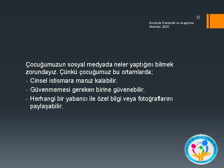 32 Bozüyük Rehberlik ve Araştırma Merkezi, 2020 Çocuğumuzun sosyal medyada neler yaptığını bilmek zorundayız.