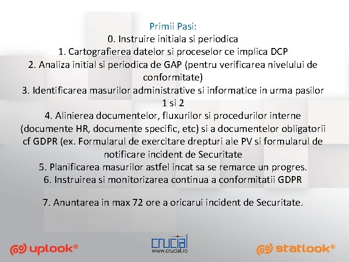 Primii Pasi: 0. Instruire initiala si periodica 1. Cartografierea datelor si proceselor ce implica