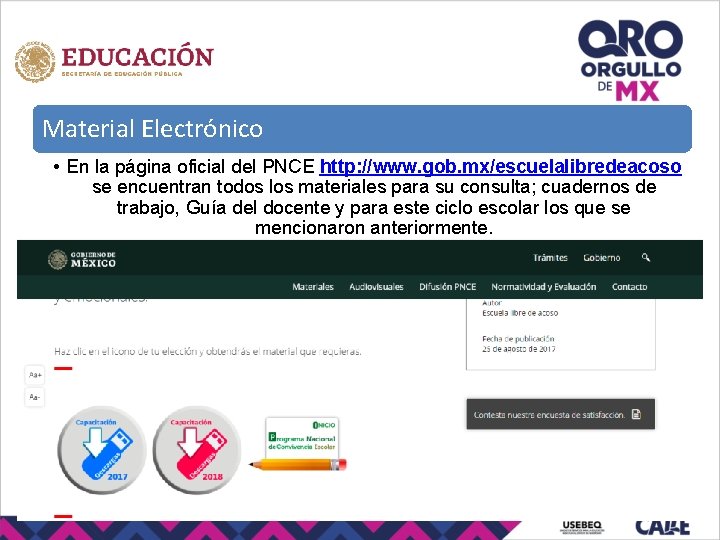 Material Electrónico • En la página oficial del PNCE http: //www. gob. mx/escuelalibredeacoso se