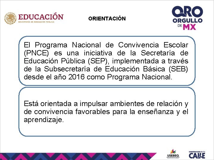 ORIENTACIÓN El Programa Nacional de Convivencia Escolar (PNCE) es una iniciativa de la Secretaría