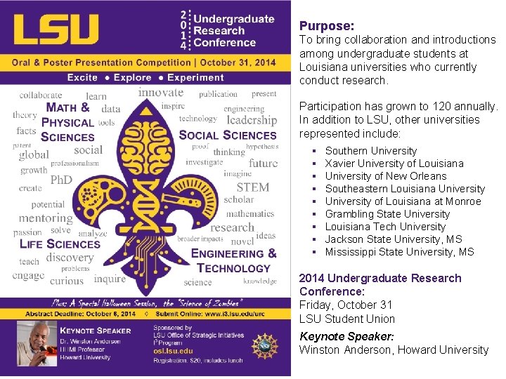 Purpose: To bring collaboration and introductions among undergraduate students at Louisiana universities who currently Purpose: To bring collaboration and introductions among undergraduate students at Louisiana universities who currently