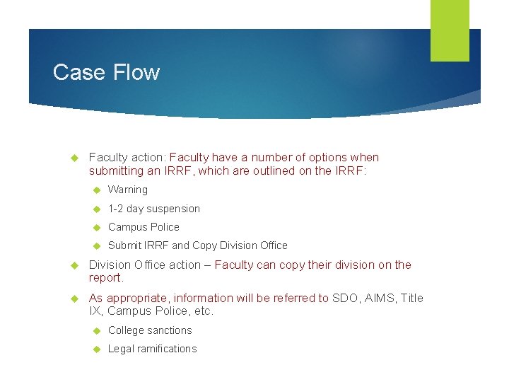 Case Flow Faculty action: Faculty have a number of options when submitting an IRRF,