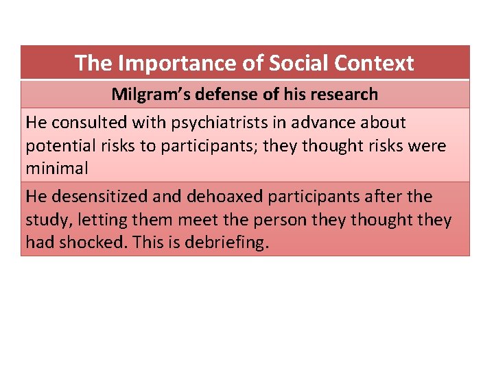 The Importance of Social Context Milgram’s defense of his research He consulted with psychiatrists