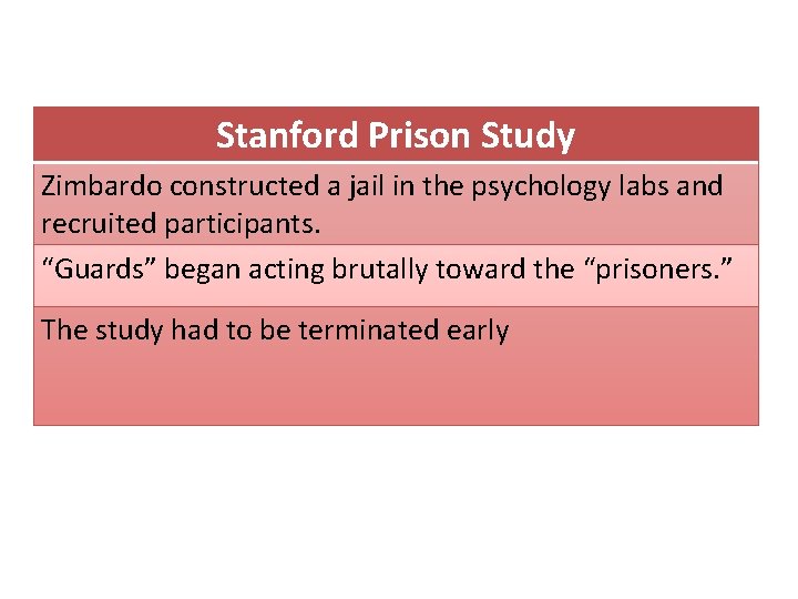 Stanford Prison Study Zimbardo constructed a jail in the psychology labs and recruited participants.