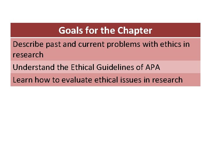 Goals for the Chapter Describe past and current problems with ethics in research Understand