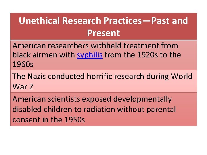 Unethical Research Practices—Past and Present American researchers withheld treatment from black airmen with syphilis