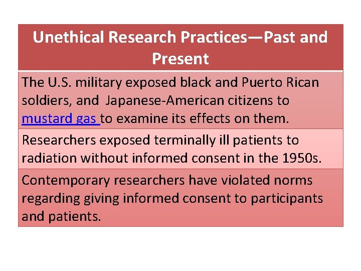 Unethical Research Practices—Past and Present The U. S. military exposed black and Puerto Rican