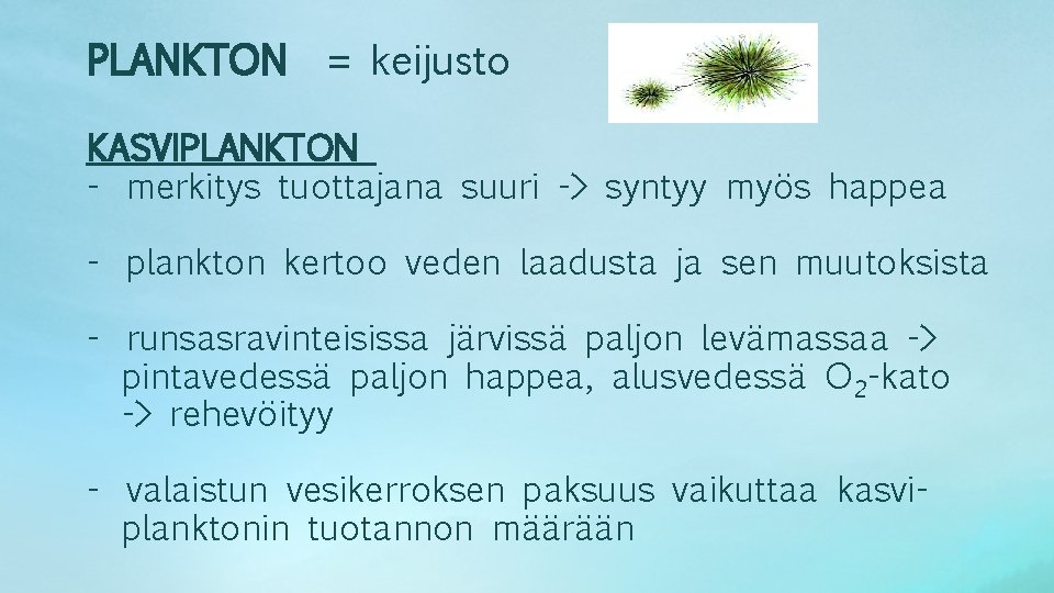 PLANKTON = keijusto KASVIPLANKTON - merkitys tuottajana suuri -> syntyy myös happea - plankton