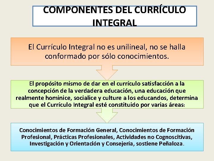 COMPONENTES DEL CURRÍCULO INTEGRAL El Currículo Integral no es unilineal, no se halla conformado