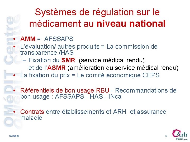 Systèmes de régulation sur le médicament au niveau national • AMM = AFSSAPS • Systèmes de régulation sur le médicament au niveau national • AMM = AFSSAPS •